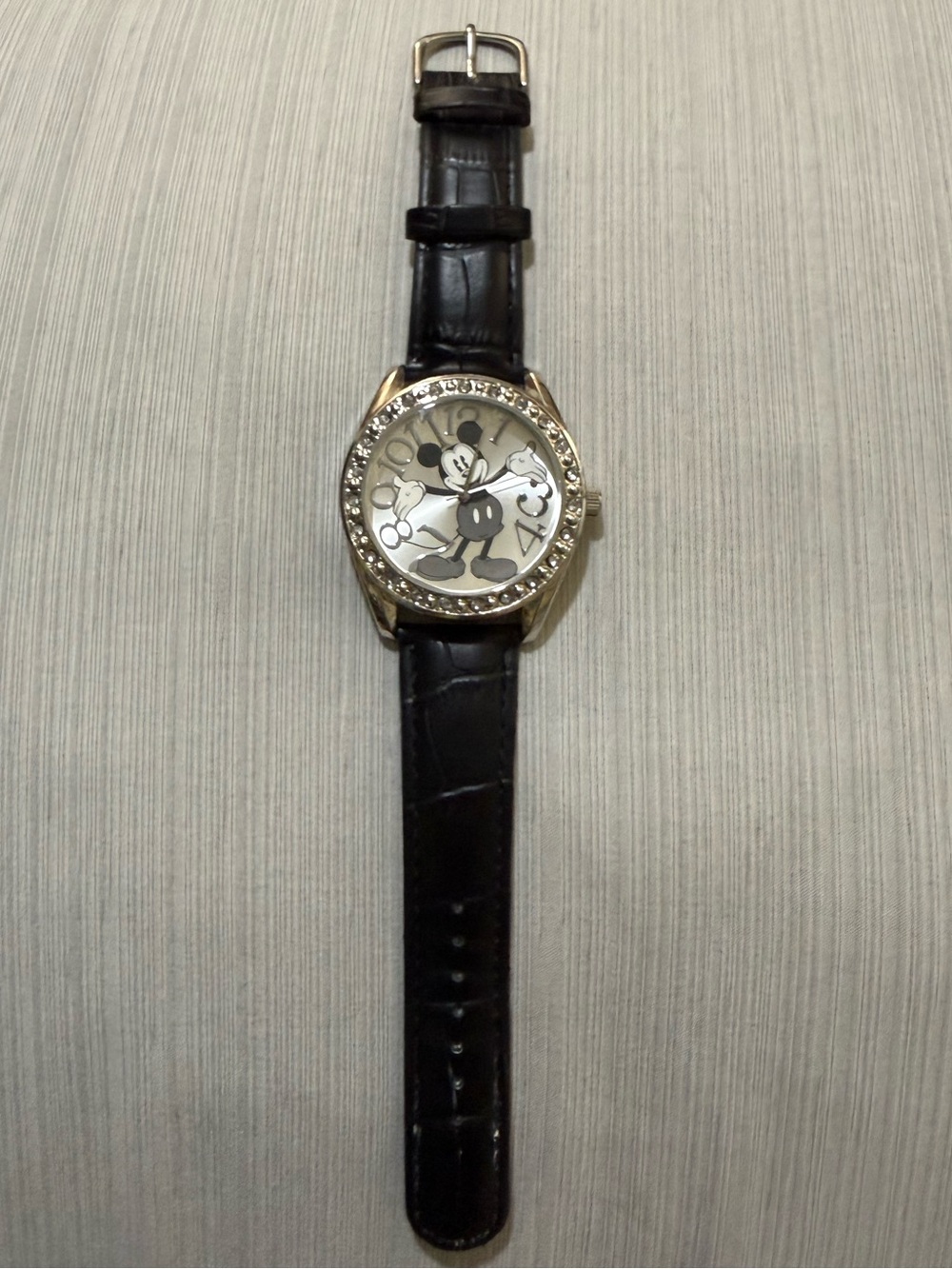 Accutime Disney Mickey Mouse Crystal-Accented Bezel & Black Leather Strap